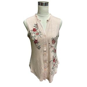 MAX JEANS Peach Sleeveless Embroidered Floral Print Button Down Tank Top